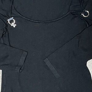 Nine West Black Long Sleeve Top with Metallic Clasp that creates Chest opening